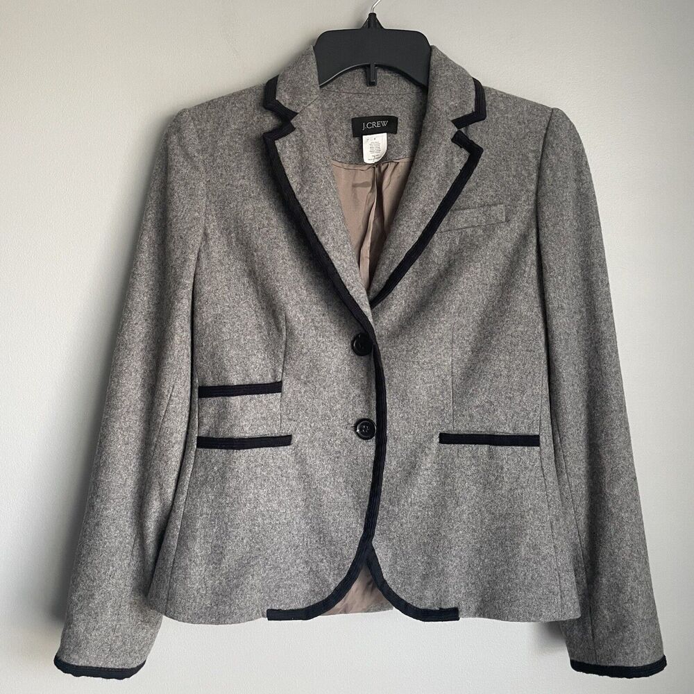 J Crew Schoolboy Wool Blend Blazer Jacket Size 0 Gray w/Black Trim Preppy Career